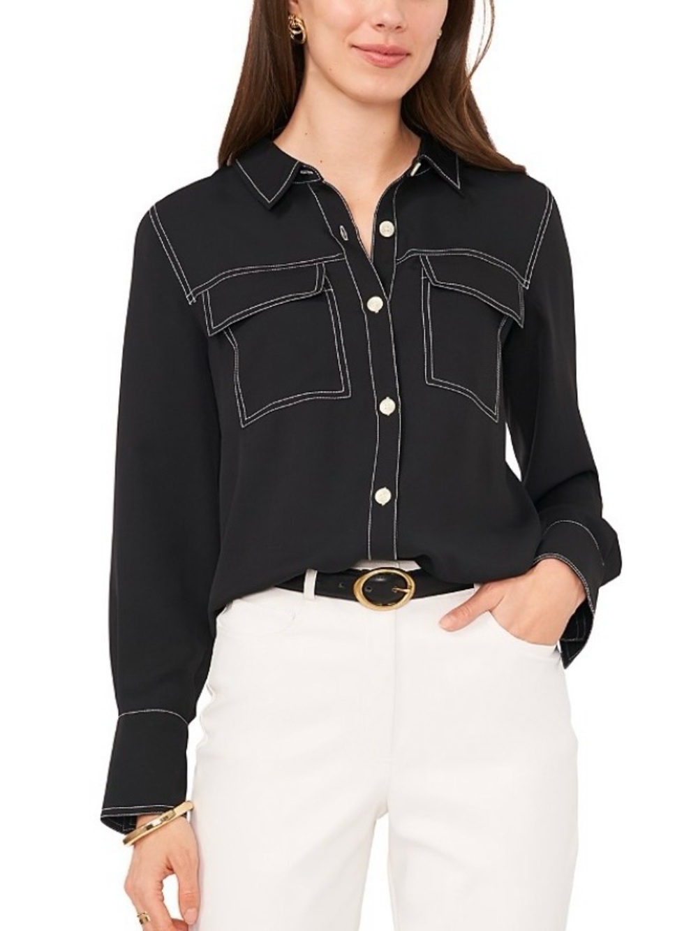 Vince Camuto Black Button-Front Shirt with White Contrast Stitching